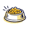 Illustration of a pet food bowl filled with yellow kibble, with lines suggesting freshness or aroma.