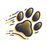 Stylised paw print with black and yellow outlines and dotted shading, featuring dynamic streaks suggesting motion, on a light grey background.