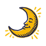 Illustration of a crescent moon with a smiling face, outlined in blue and filled with yellow. Yellow rays surround the moon, giving it a glowing effect on a light background.