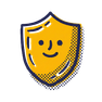 A yellow shield with a simple smiling face in the centre, outlined in dark blue with a dotted shadow on the right side, on a light grey background.