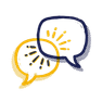 Two overlapping speech bubbles, one outlined in blue and the other in yellow, with lines inside each bubble suggesting conversation or communication.