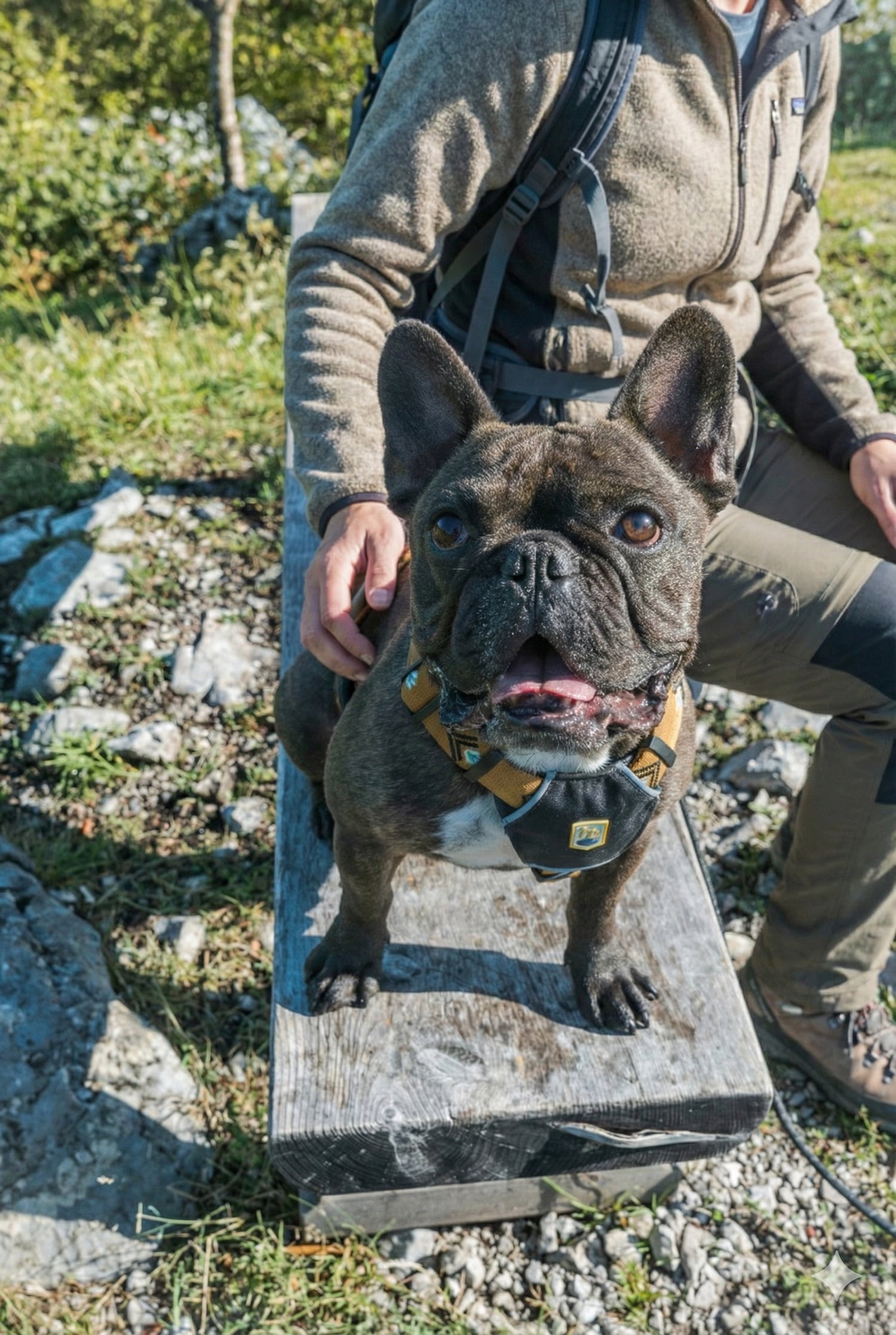 A brindle French Bulldog, one of the popular flat-faced dogs, sits on a wooden bench outdoors beside a person in hiking clothes. Bathed in sunlight and greenery, this pup in Australia looks up with its tongue out, appearing happy and alert.