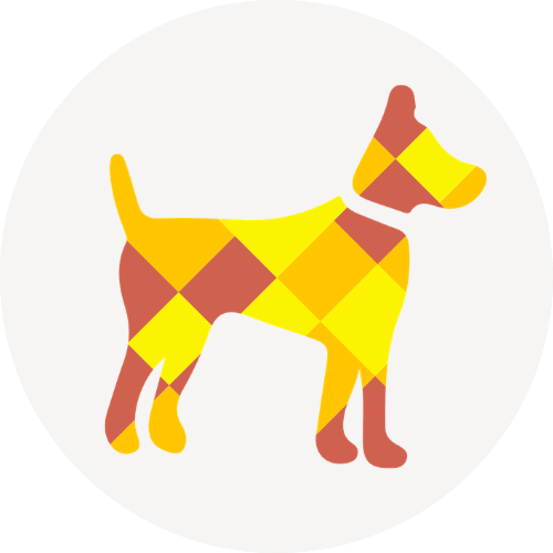 A simplified illustration of a dog silhouette filled with a yellow and orange diamond pattern on a light grey background.