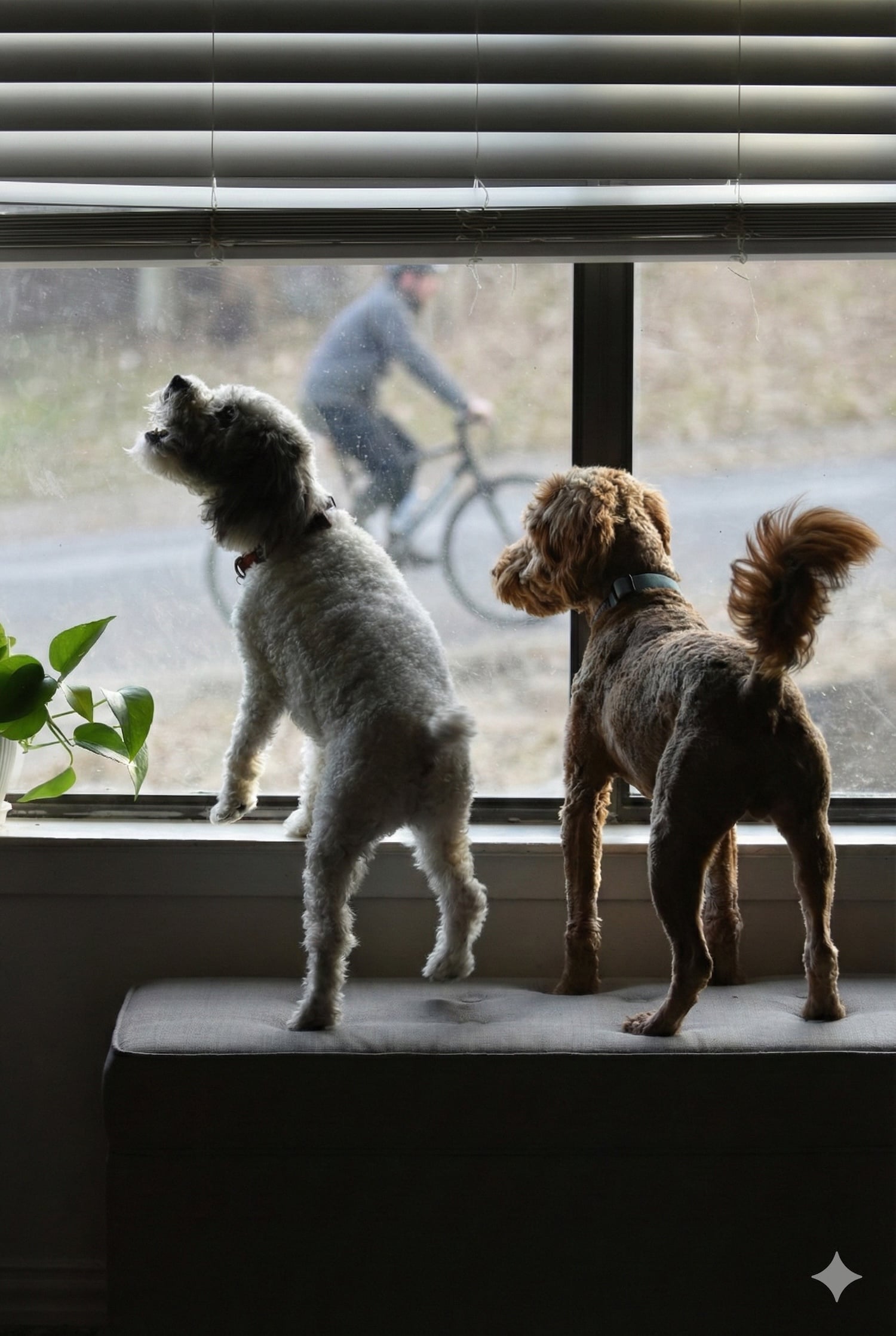 Two dogs stand on a bench, looking out of a window with partially open blinds. One reactive dog has its front paws on the windowsill as a person on a bicycle passes by outside. A small plant sits on the left side of the windowsill.