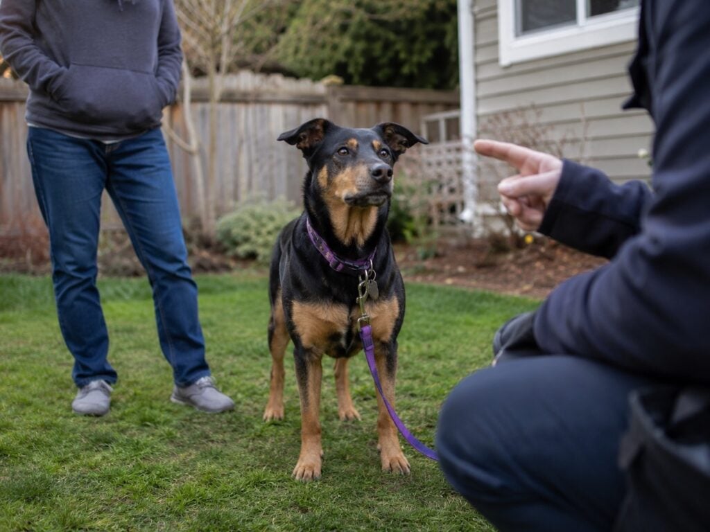 A black and brown dog on a purple lead stands on grass between two people—one appears to be a trainer, perhaps prompting the thought: should I break up with my dog trainer? The scene unfolds in a back garden with a wooden fence and house.